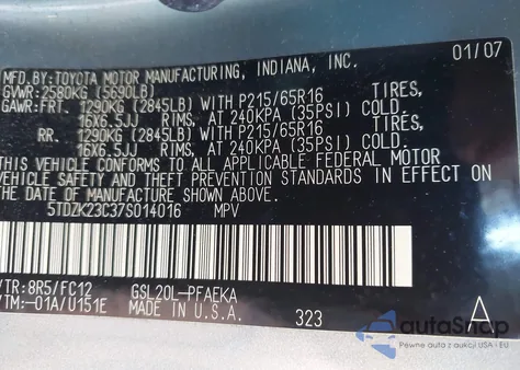 2007 Toyota Sienna Le z USA, uszkodzony, nr VIN 5TDZK23C37S014016